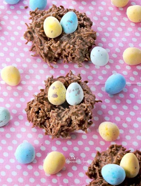 Chocolate covered coconut nests with chocolate eggs 