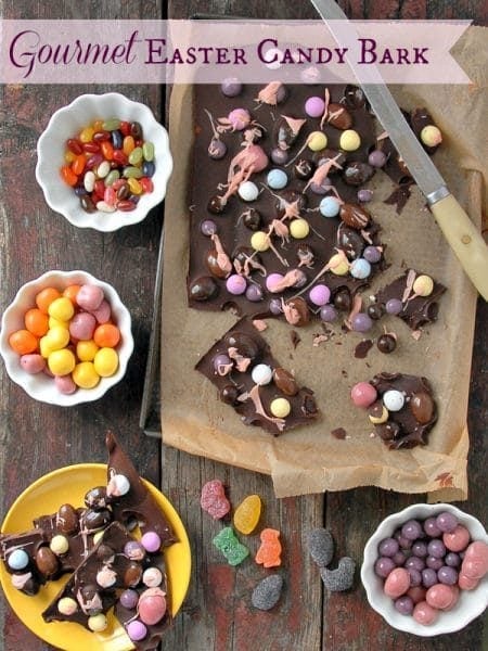 chocolate bark with colorful chocolate eggs on top