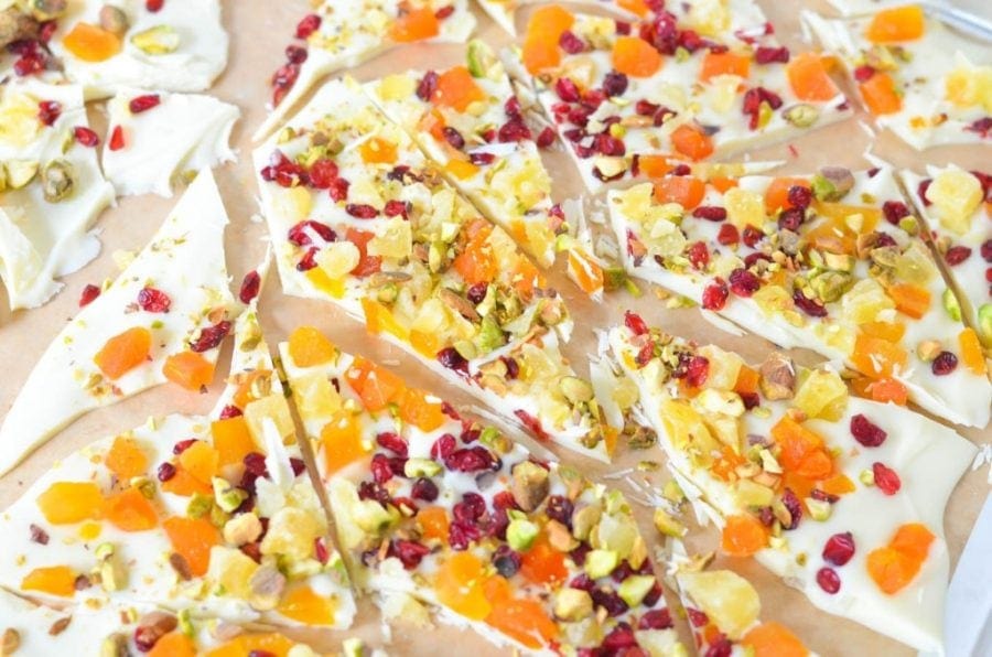 white chocolate bark with dried colorful fruit on top