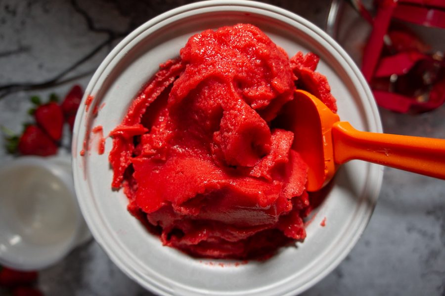the stages of  freezing sorbet from liquid state to semi frozen to frozen